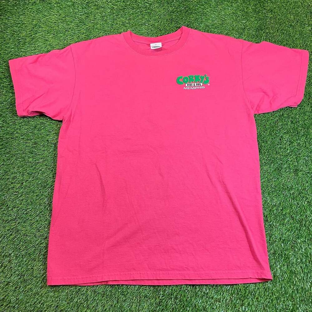 Vintage Corky's Ribs & BBQ Memphis Pig Graphic Pink T-Shirt Size L